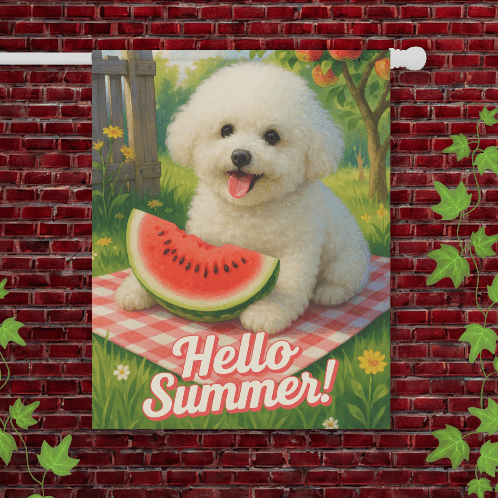 Printify Garden Flag 24.5'' × 32'' Bichon Frise Watermelon Garden Flag