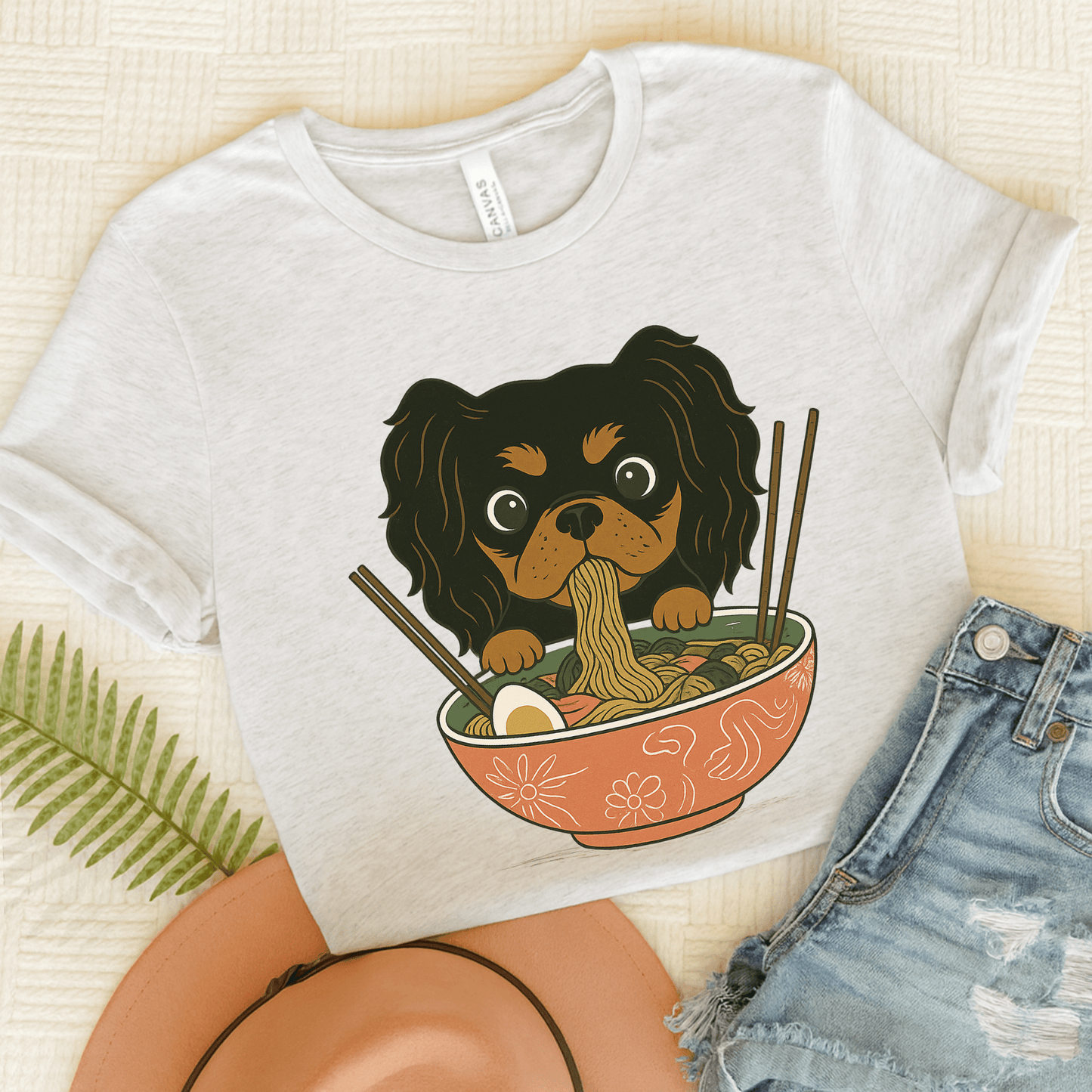 Printify T-Shirt Ash / S Black and Tan Cavalier King Charles Ramen TShirt