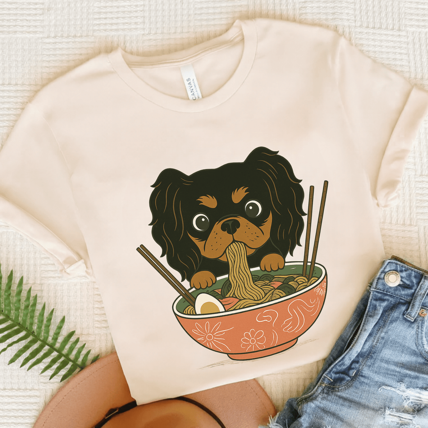 Printify T-Shirt Natural / S Black and Tan Cavalier King Charles Ramen TShirt