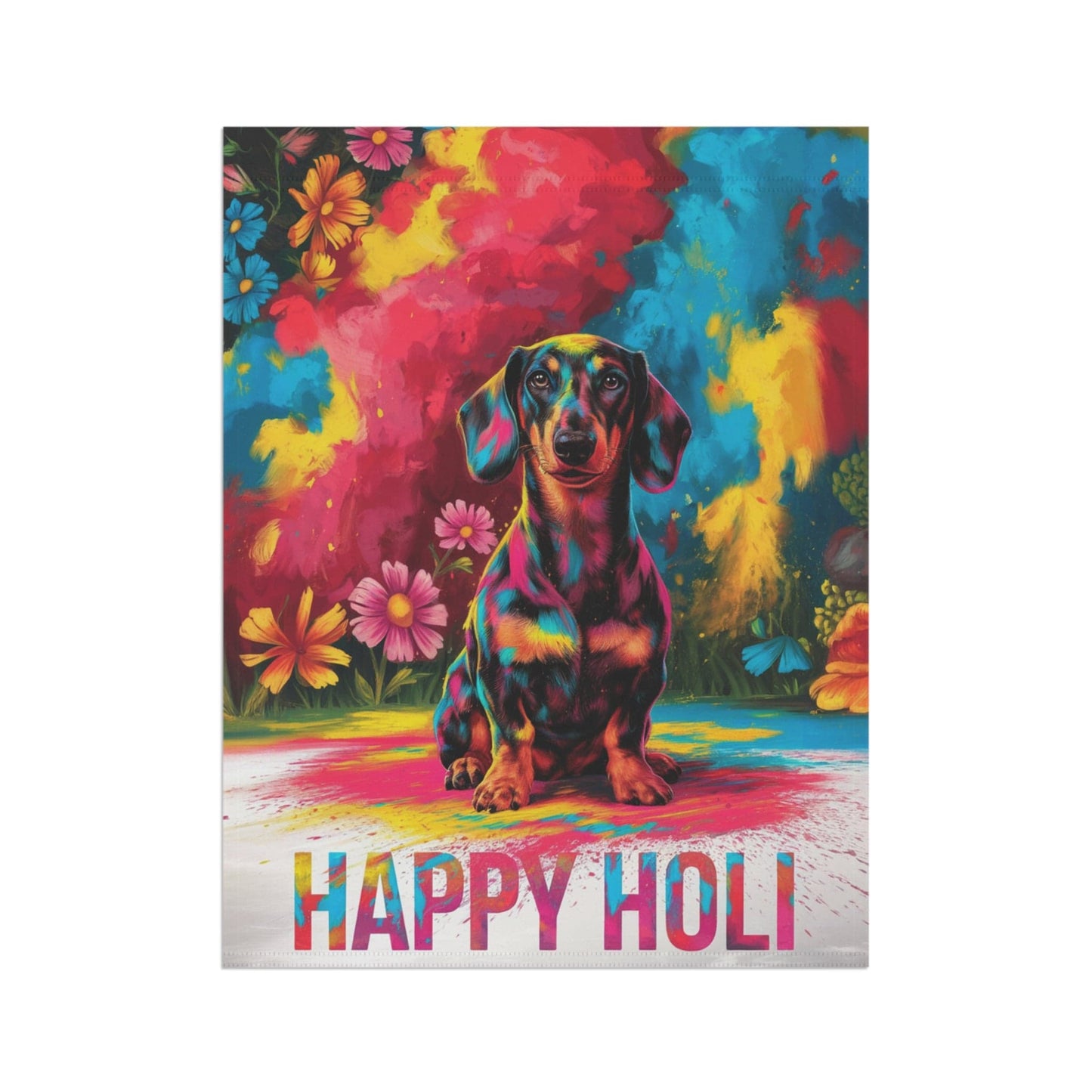 Printify Garden Flag Black and Tan Dachshund Holi Festival Garden Flag, Indian Celebrations Funny