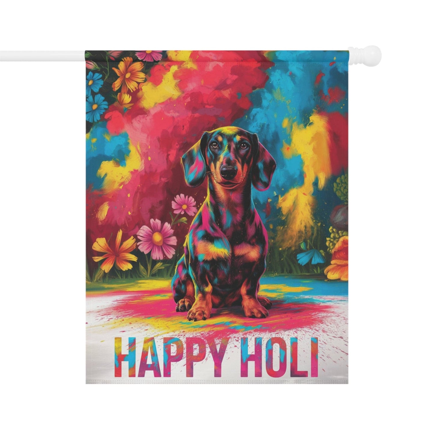 Printify Garden Flag 24.5'' × 32'' Black and Tan Dachshund Holi Festival Garden Flag, Indian Celebrations Funny