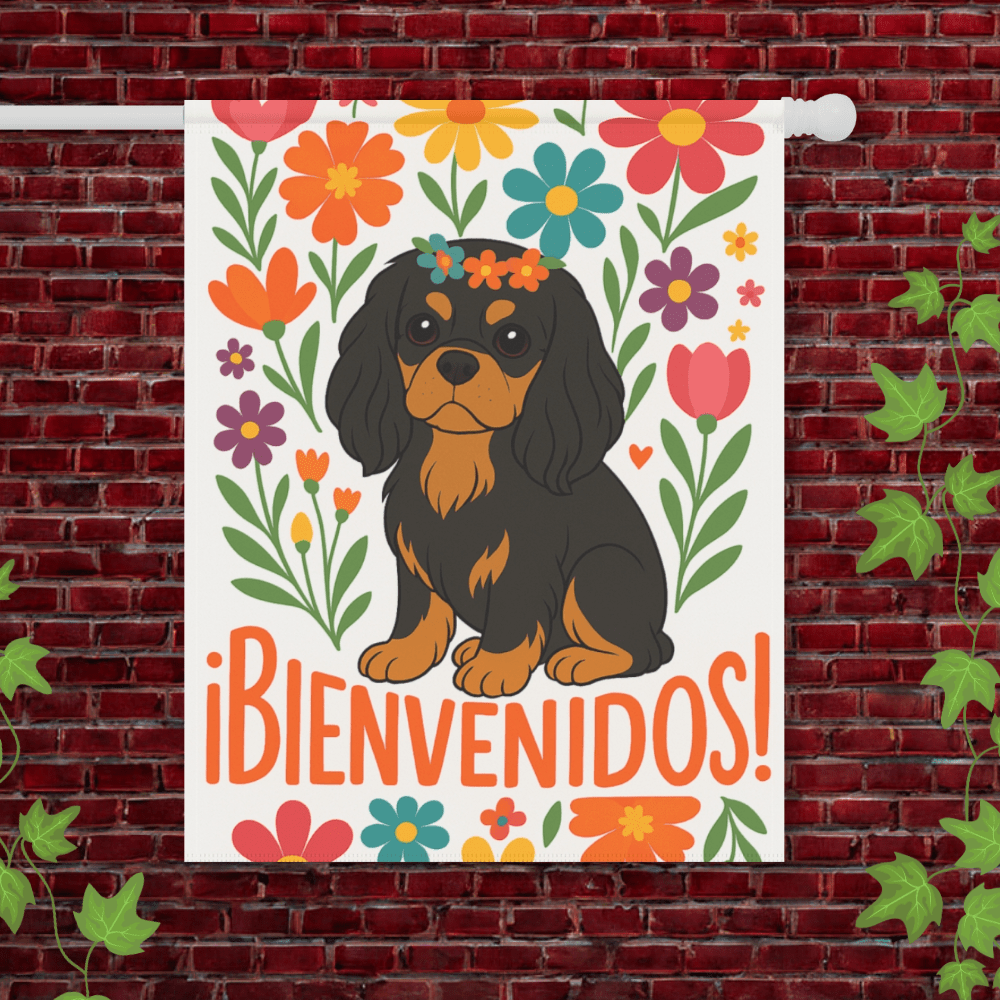 Printify Garden Flag 24.5'' × 32'' Black and Tan King Charles Bienvenidos Garden Flag