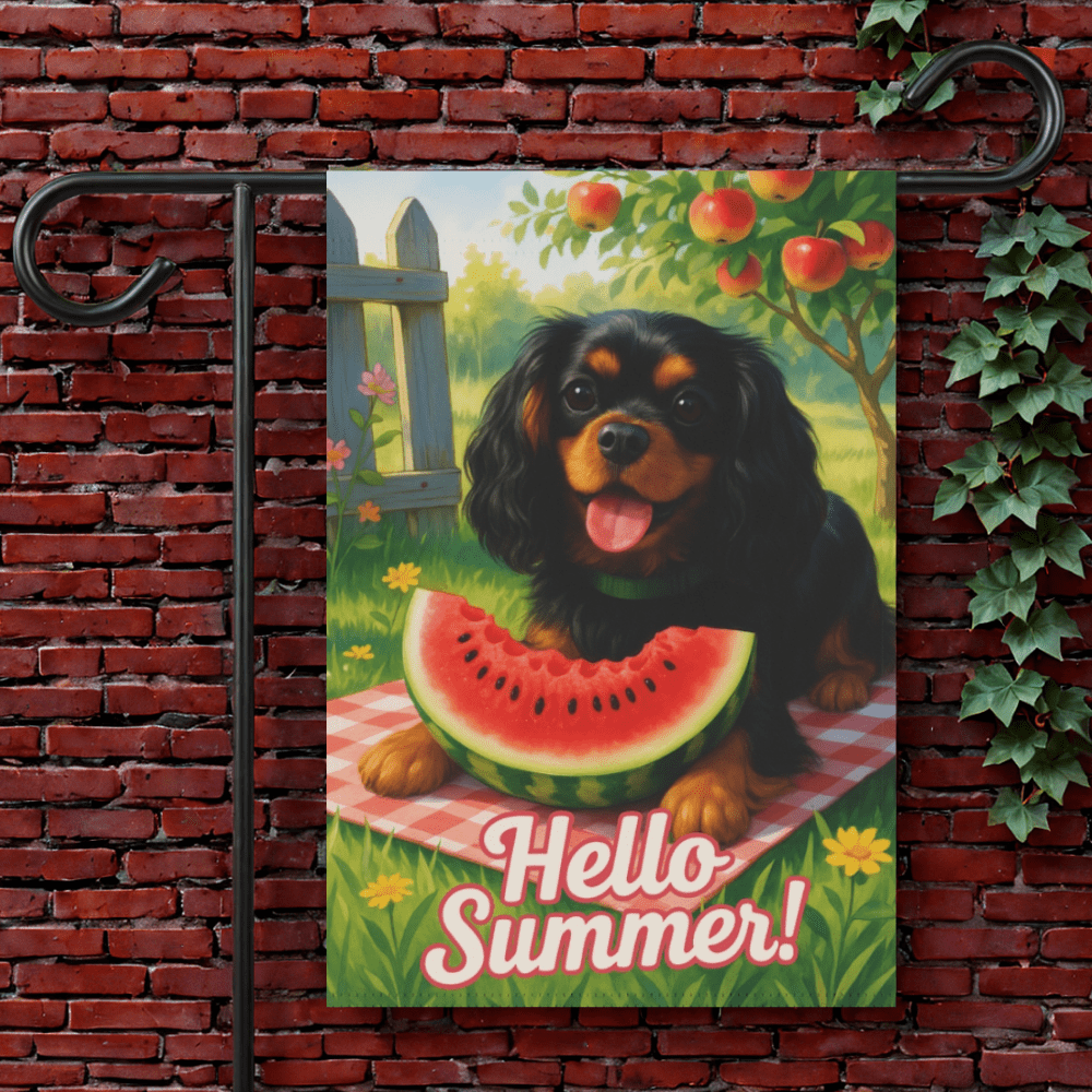 Printify Garden Flag 12'' × 18'' Black and Tan King Charles Cavalier Watermelon Garden Flag