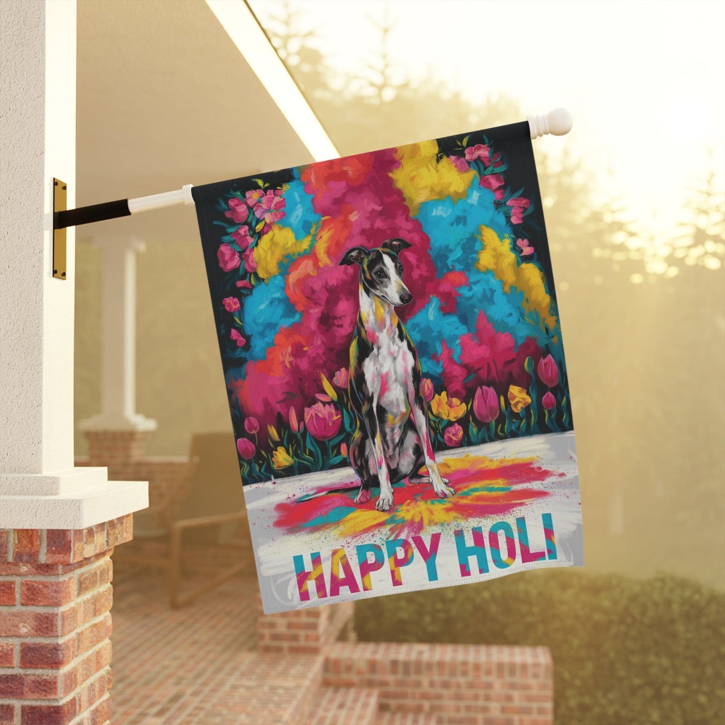 Black and White Greyhound Holi Garden Flag, Indian Spring Festival Dog Lovers Yard Outside Decor