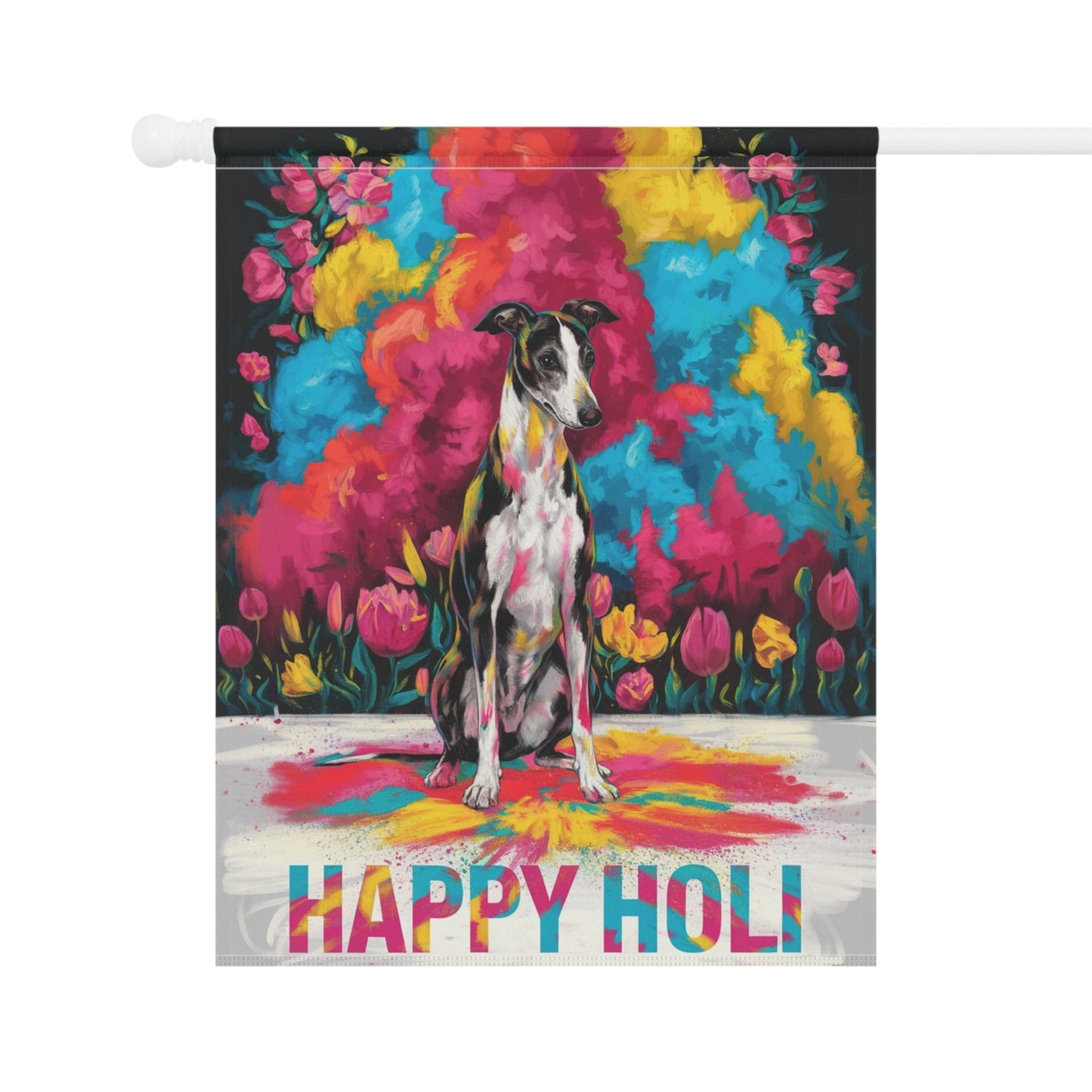 Printify Home Decor Black and White Greyhound Holi Garden Flag, Indian Spring Festival Dog Lovers Yard Outside Decor