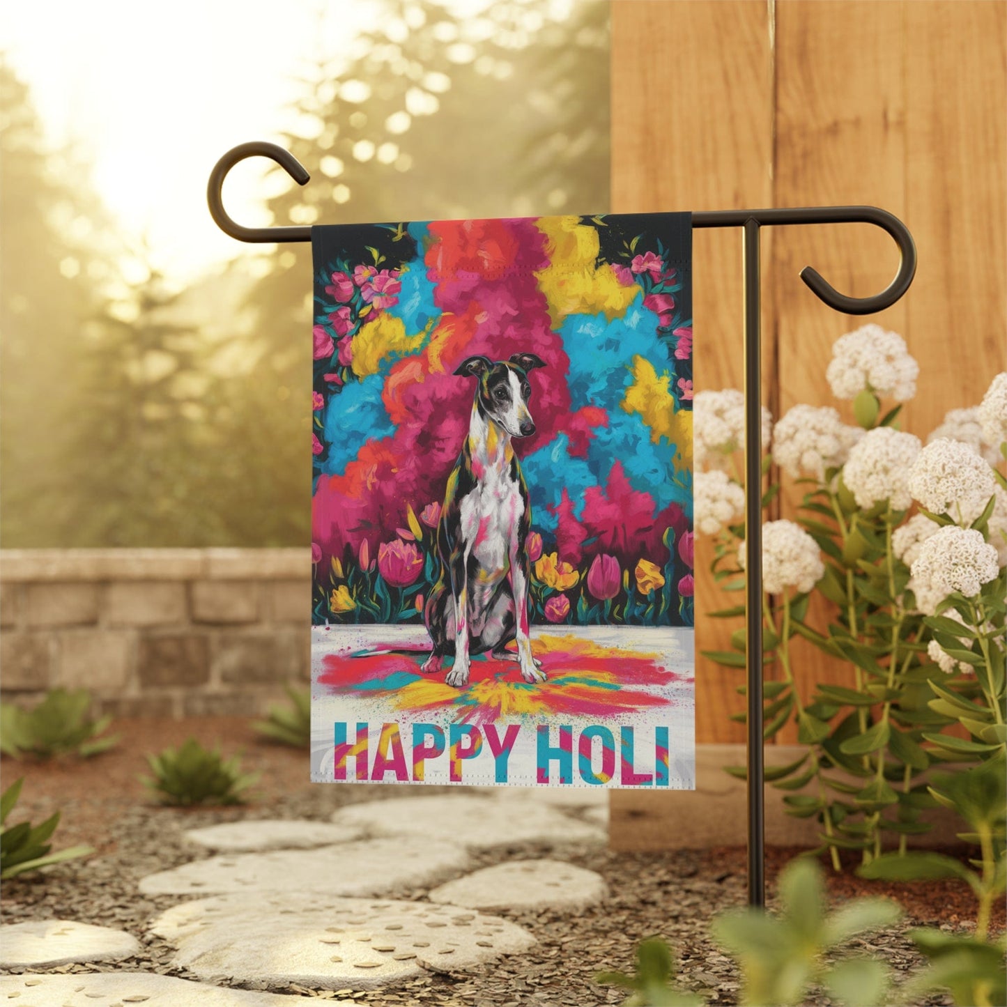 Printify Home Decor Black and White Greyhound Holi Garden Flag, Indian Spring Festival Dog Lovers Yard Outside Decor