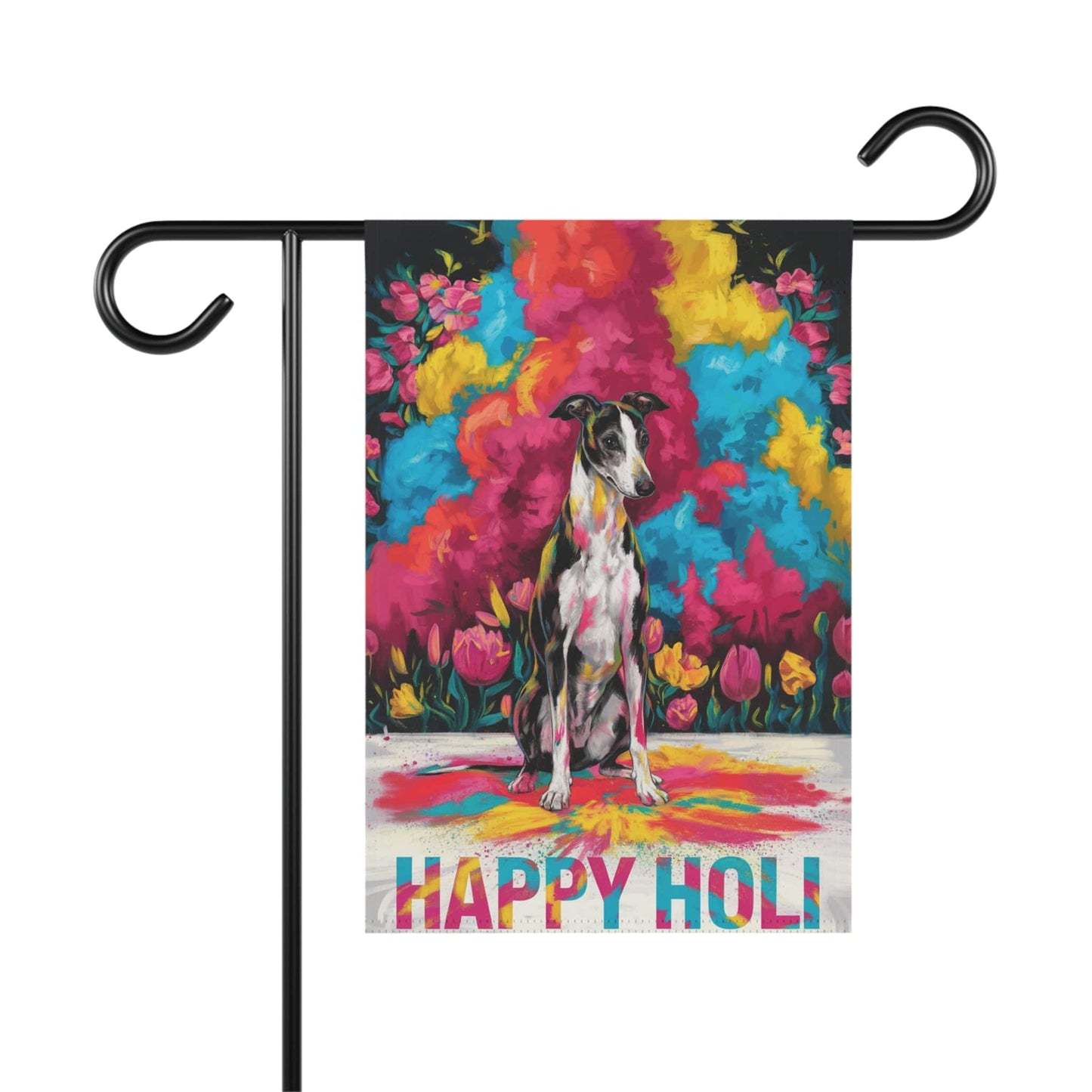 Printify Home Decor 12'' × 18'' Black and White Greyhound Holi Garden Flag, Indian Spring Festival Dog Lovers Yard Outside Decor