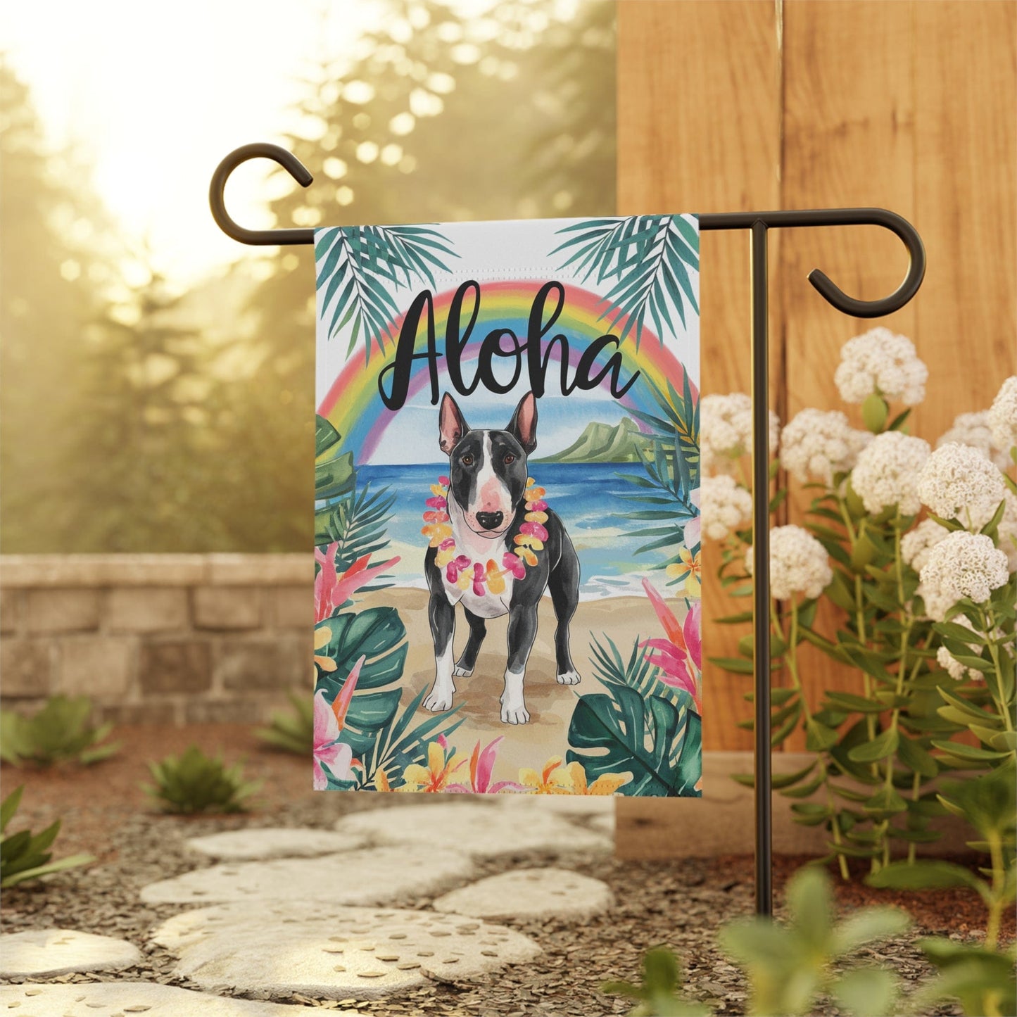 Printify Garden Flag Black Bull Terrier Aloha Garden Flag