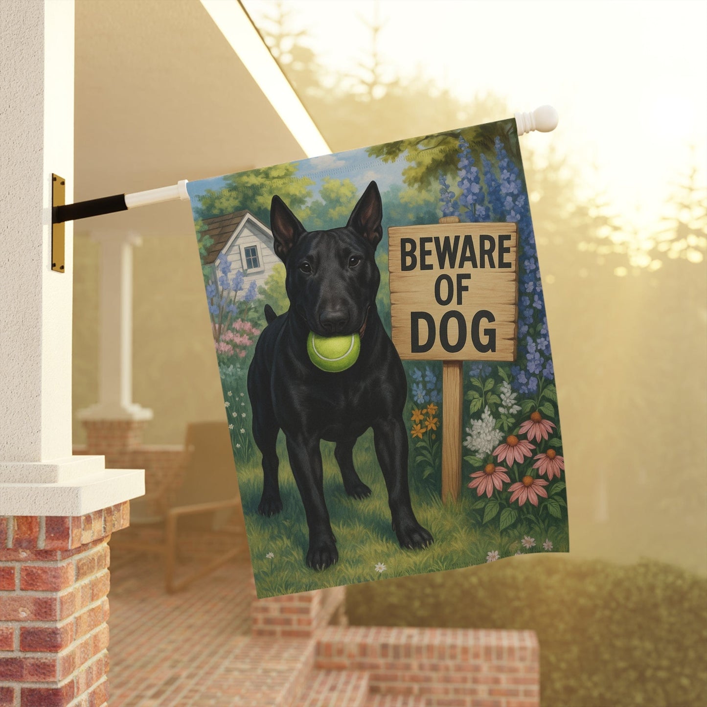 Printify Garden Flag Black Bull Terrier Beware Garden Flag