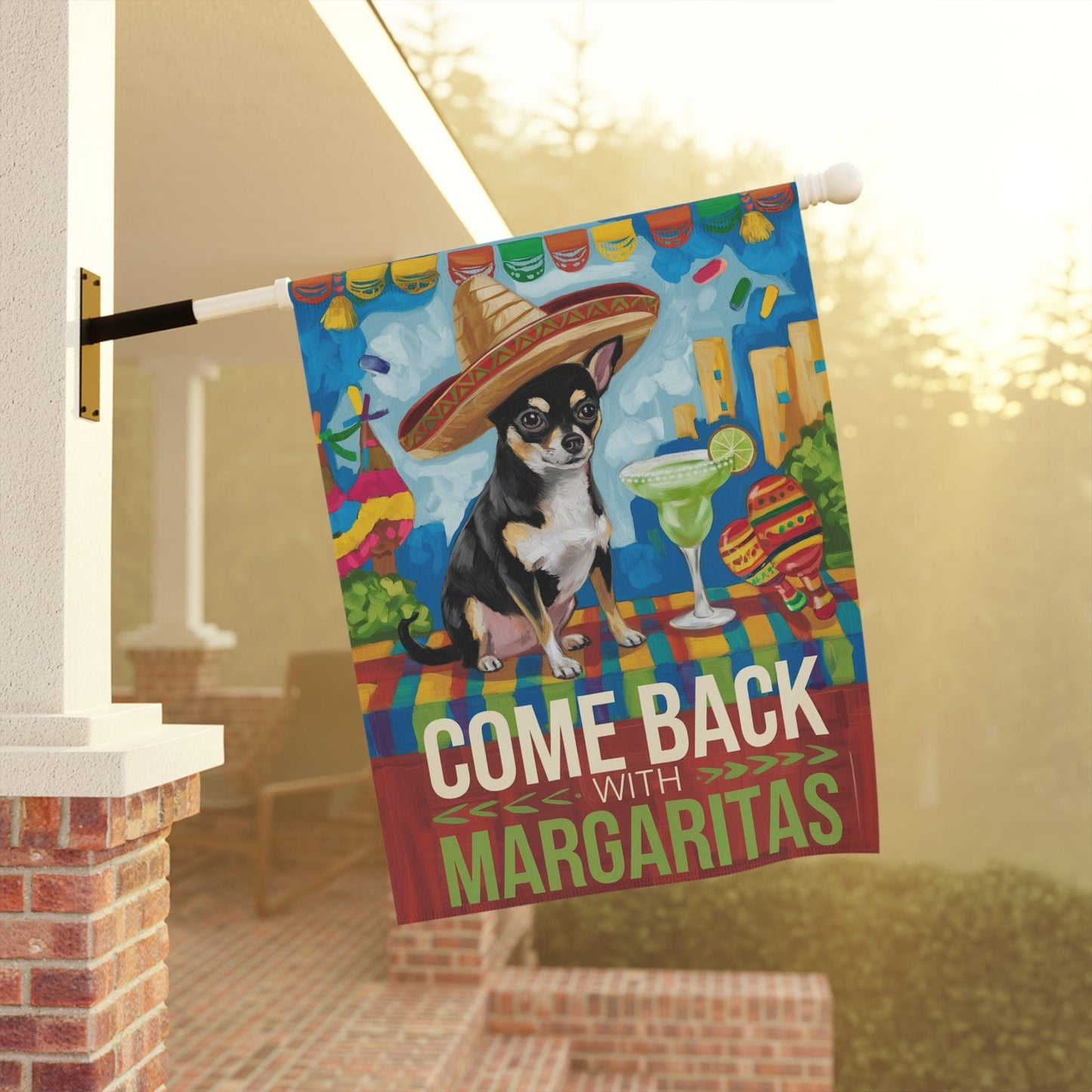 Printify Home Decor Black Chihuahua Dog Garden Flag, Cinco de Mayo Fiesta Margarita Drinking Decor, Front Yard Art