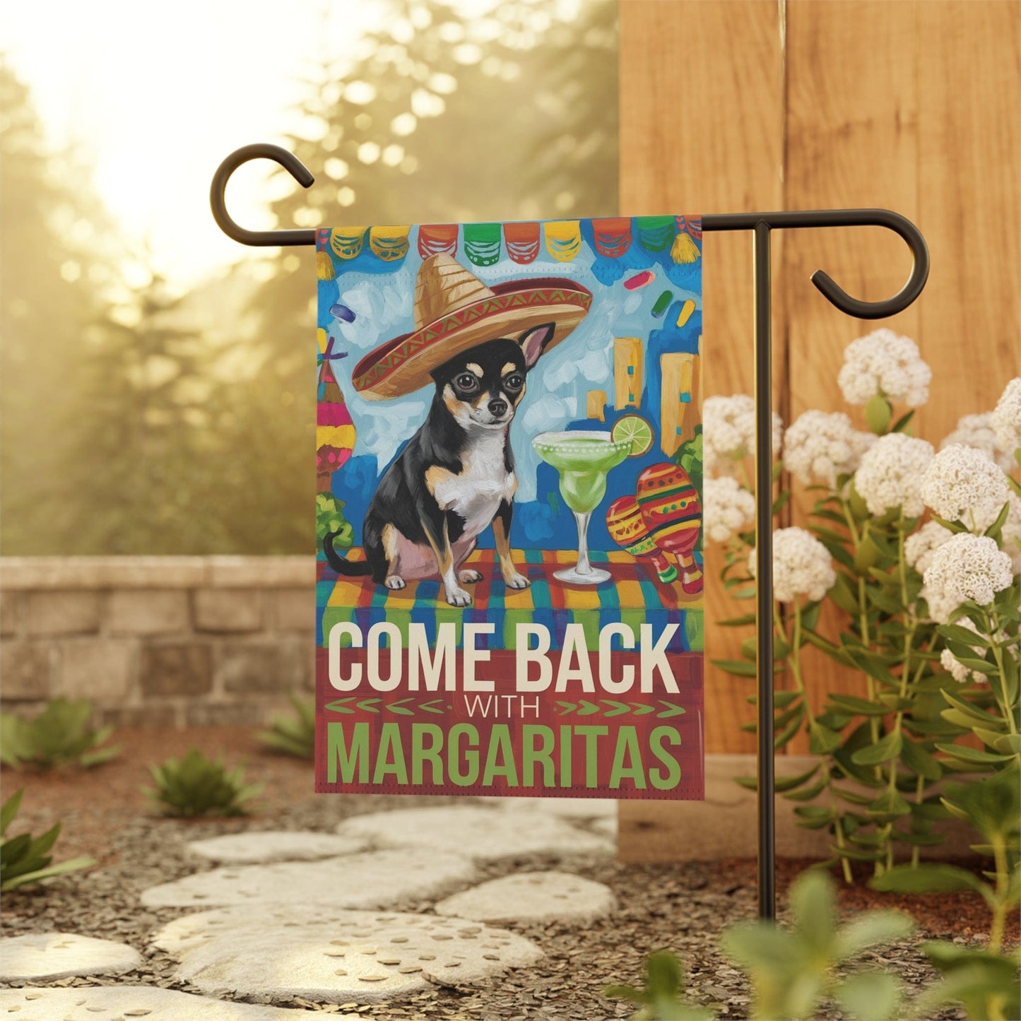 Printify Home Decor Black Chihuahua Dog Garden Flag, Cinco de Mayo Fiesta Margarita Drinking Decor, Front Yard Art