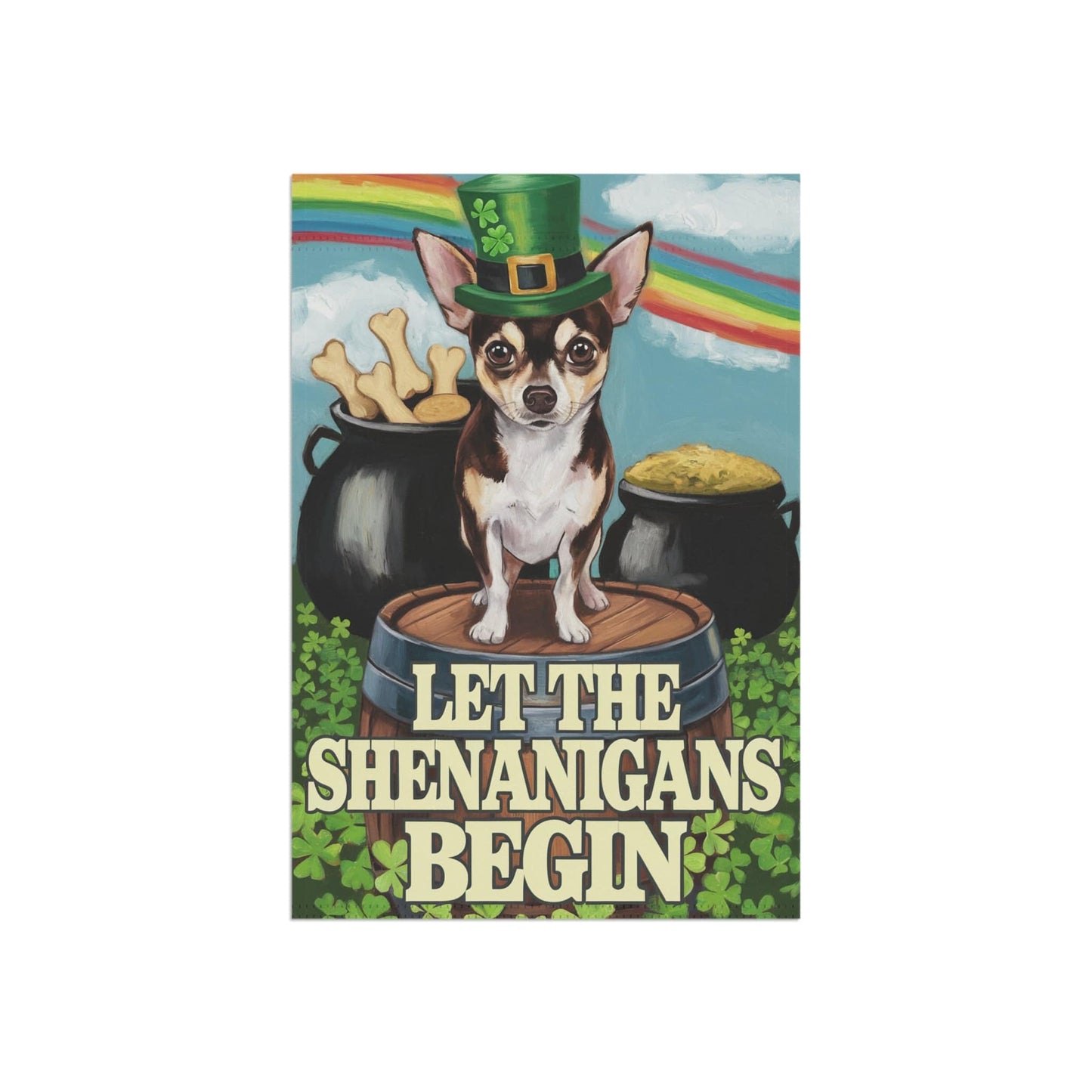 Printify Home Decor Black Chihuahua St Pattie's Day Garden Flag, Saint Patricks Funny Dog Yard Outside Decor