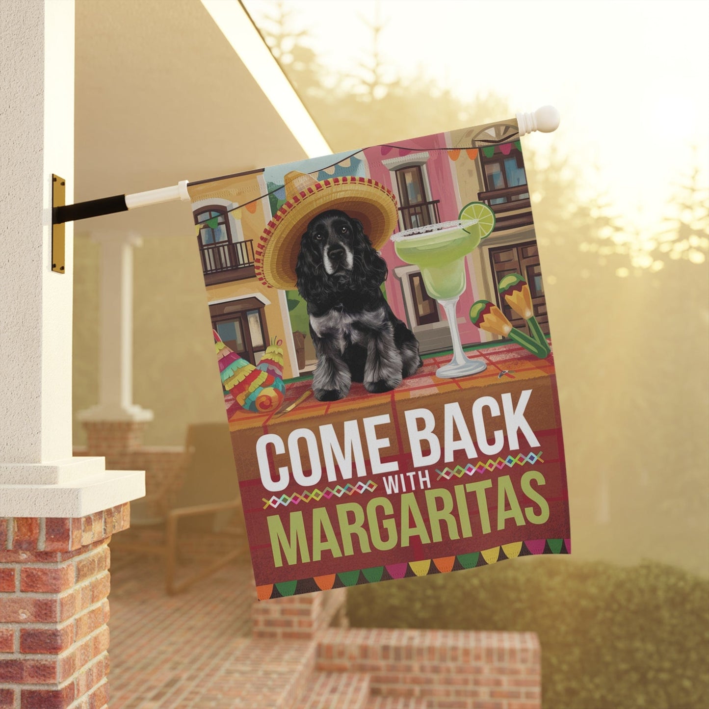 Printify Home Decor Black Cocker Spaniel Dog Garden Flag, Cinco de Mayo Fiesta, Margarita Drinking Decor, Front Yard Spring