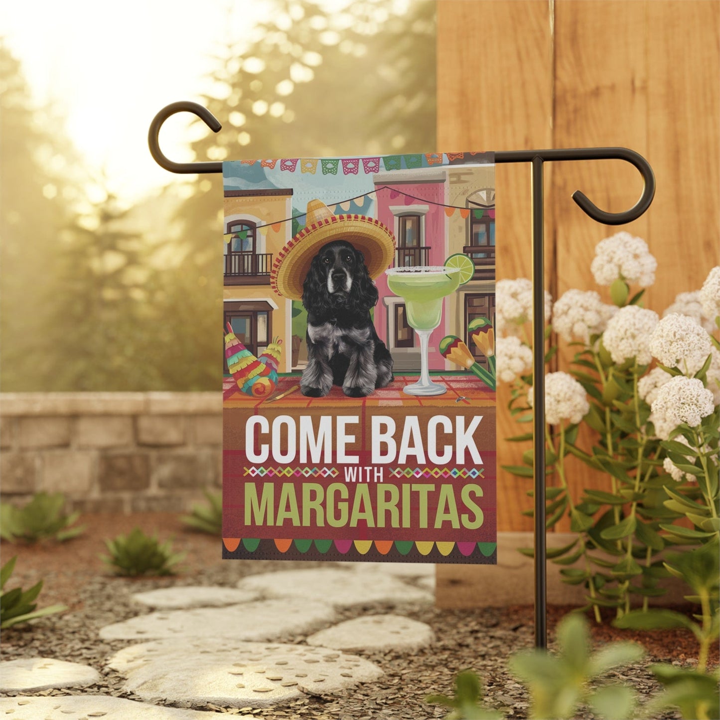 Printify Home Decor Black Cocker Spaniel Dog Garden Flag, Cinco de Mayo Fiesta, Margarita Drinking Decor, Front Yard Spring