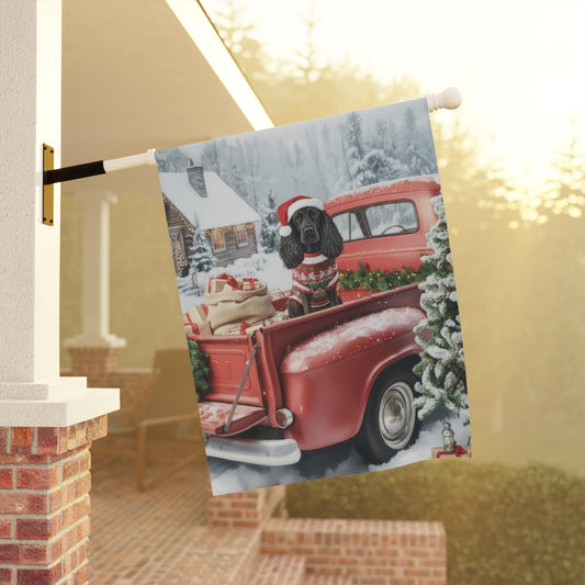 Black Cocker Spaniel Dog Red Truck Christmas Garden Flag