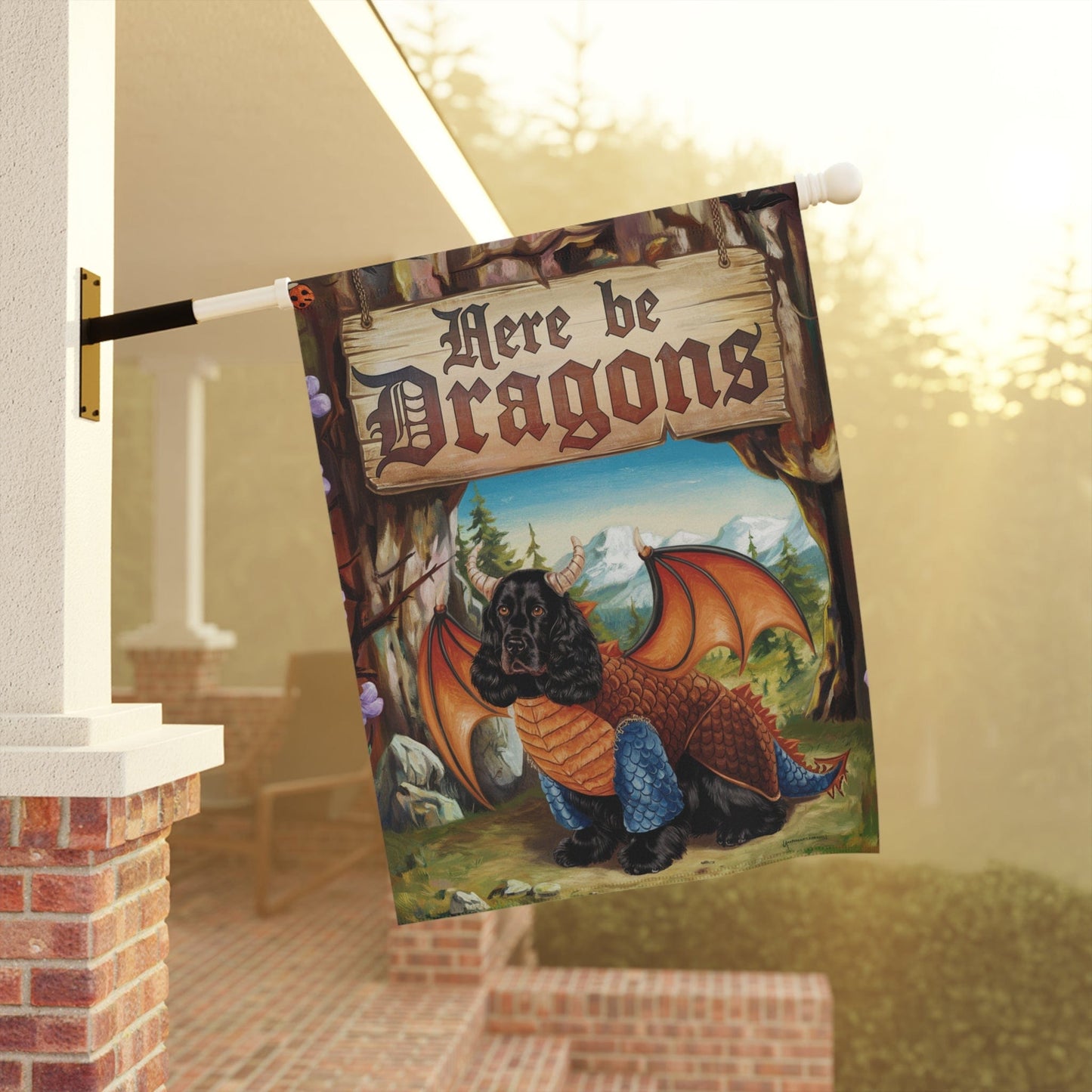 Black Cocker Spaniel Dragon Garden Flag, Fantasy Yard Decor, Spring Housewarming