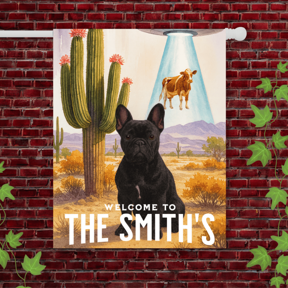 Printify Garden Flag 24.5'' × 32'' Black French Bulldog Aliens Garden Flag