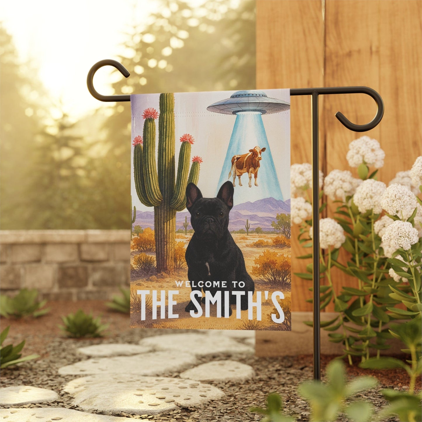 Printify Garden Flag Black French Bulldog Aliens Garden Flag