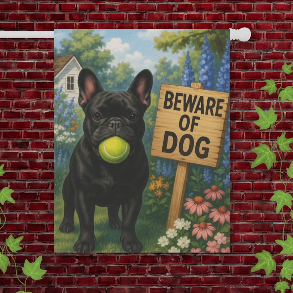 Printify Garden Flag 24.5'' × 32'' Black French Bulldog Beware Garden Flag
