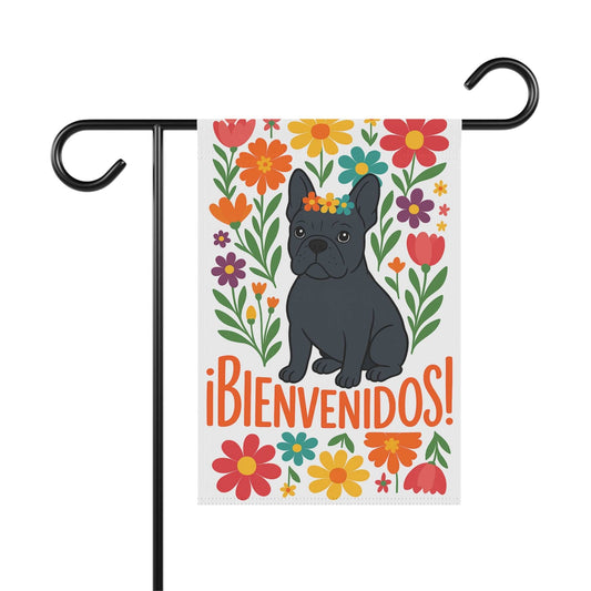 Black French Bulldog Bienvenidos Garden Flag