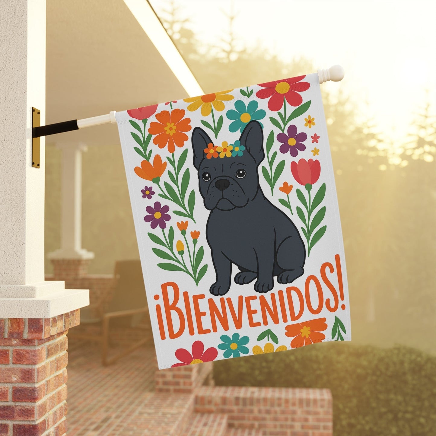 Printify Garden Flag Black French Bulldog Bienvenidos Garden Flag