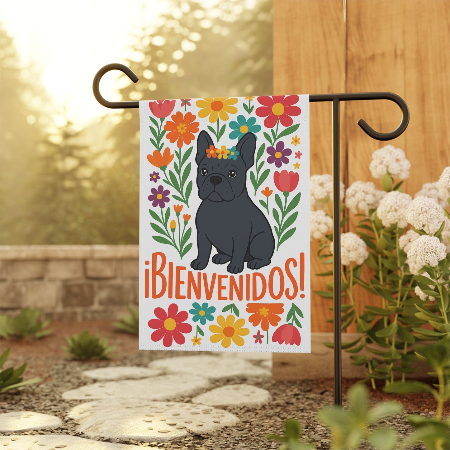 Printify Garden Flag Black French Bulldog Bienvenidos Garden Flag