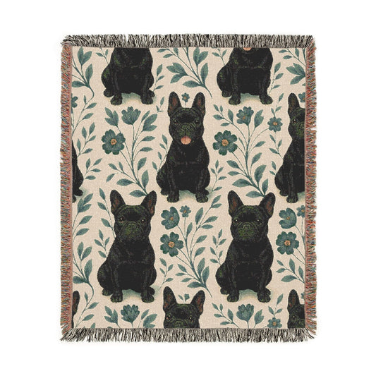 Black French Bulldog Blue Floral Throw Blanket