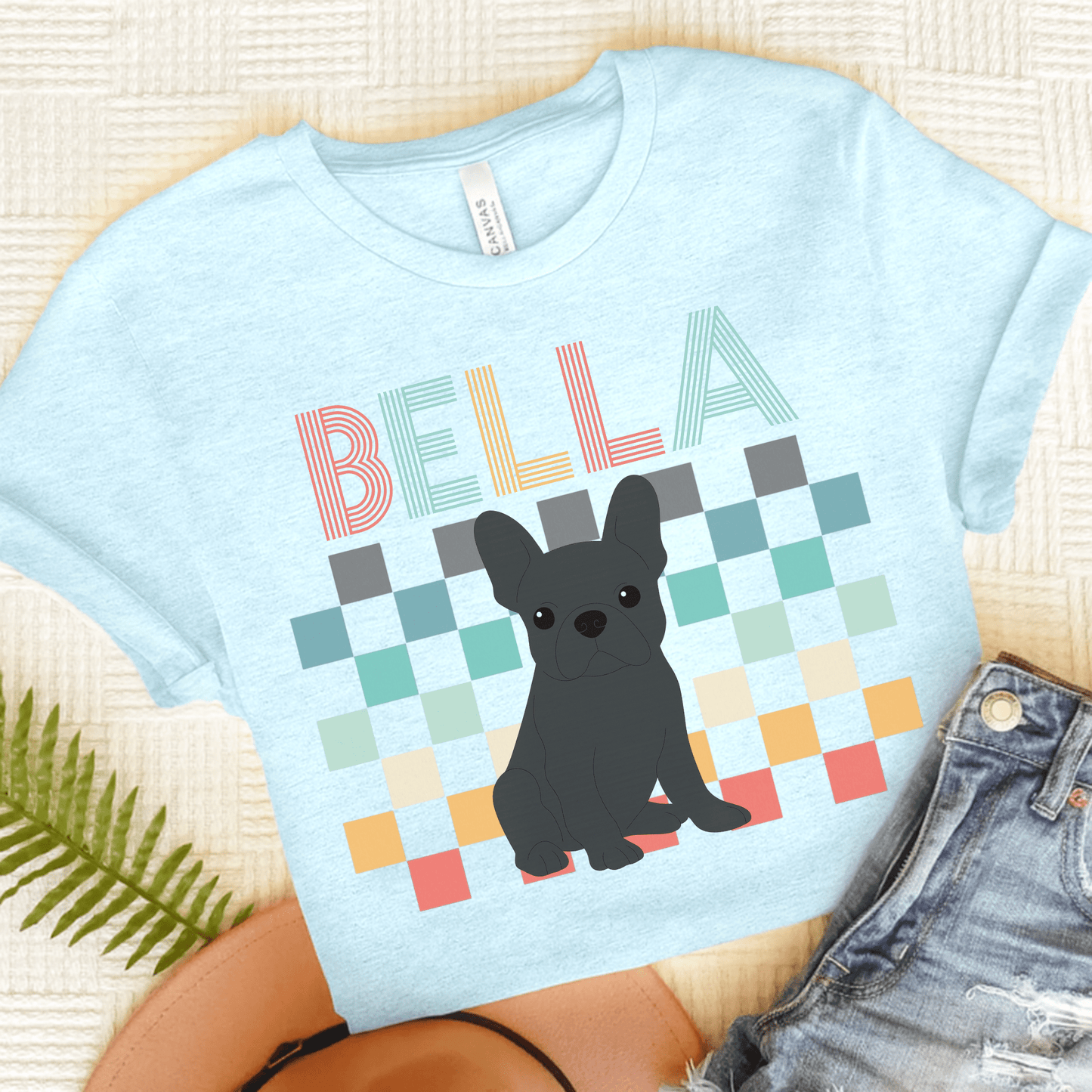 Printify T-Shirt Heather Ice Blue / S Black French Bulldog Checkered Tee
