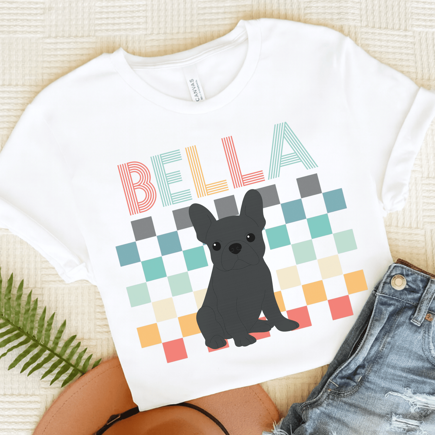 Printify T-Shirt White / S Black French Bulldog Checkered Tee