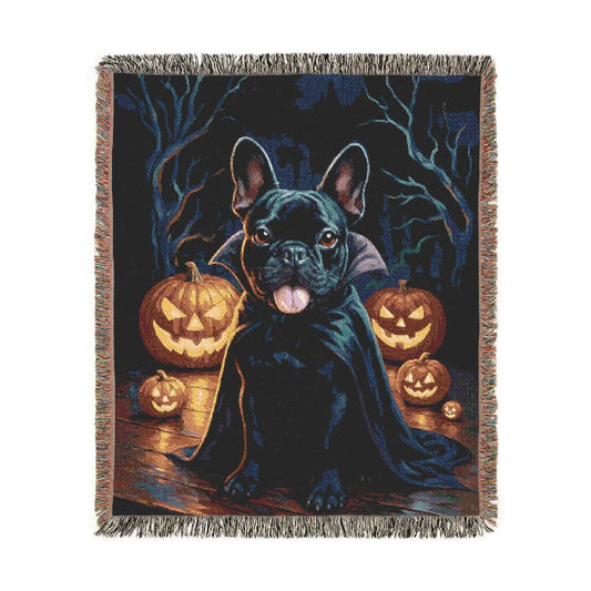 Black French Bulldog Halloween Woven Blanket