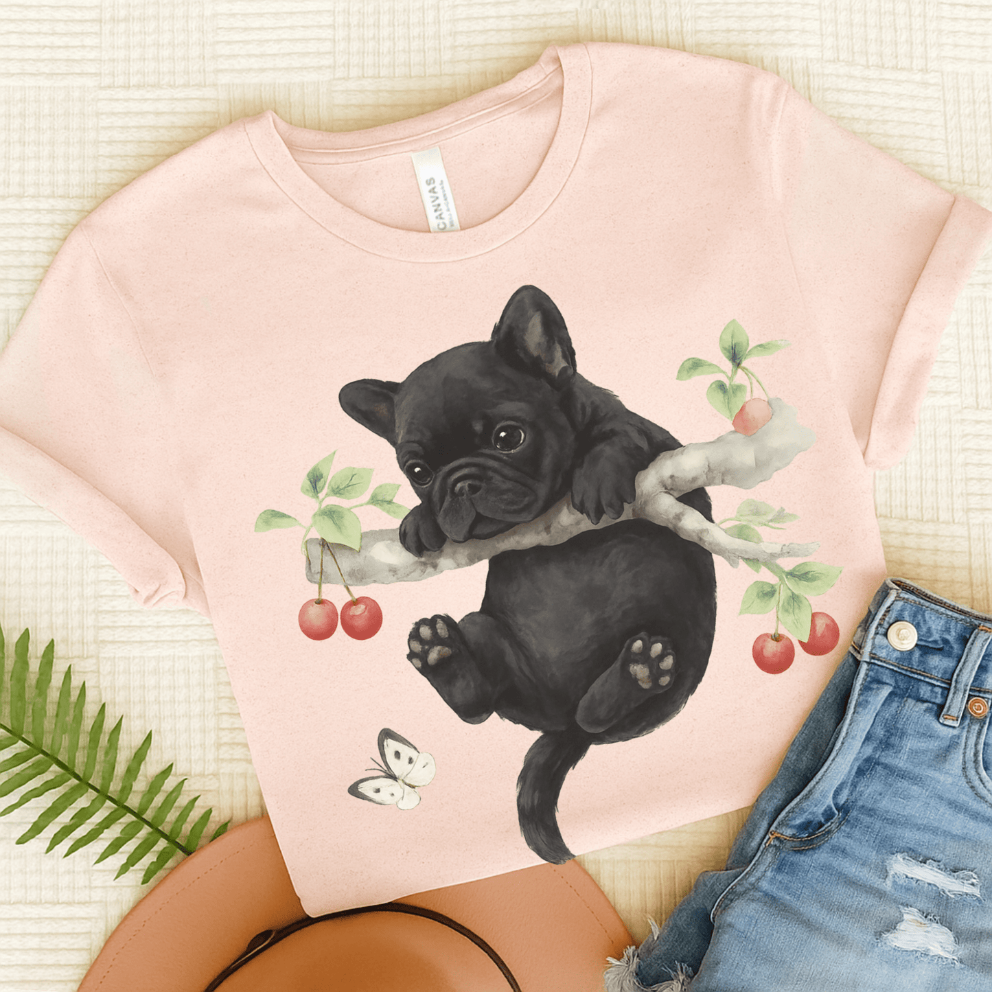 Printify T-Shirt Soft Pink / S Black French Bulldog Hang In There Tshirt