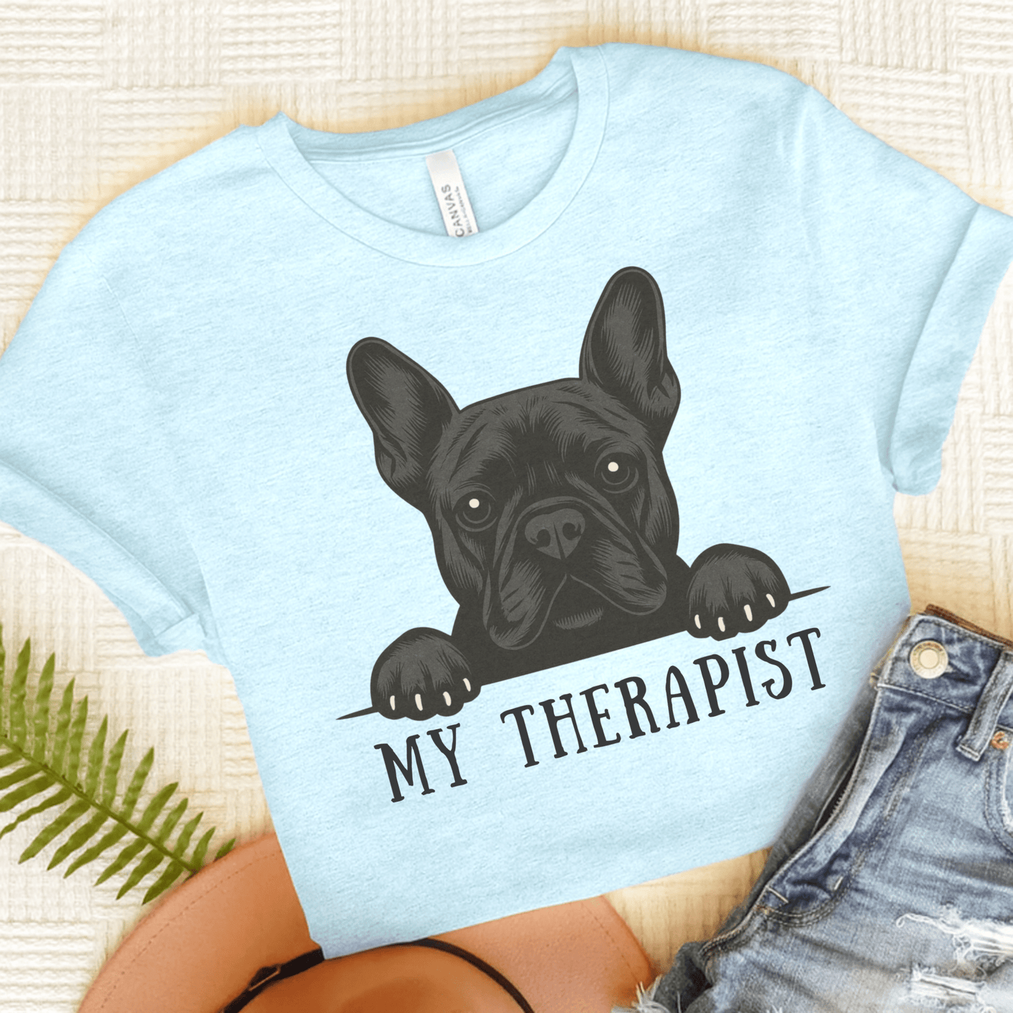 Printify T-Shirt Heather Ice Blue / S Black French Bulldog My Therapist TShirt