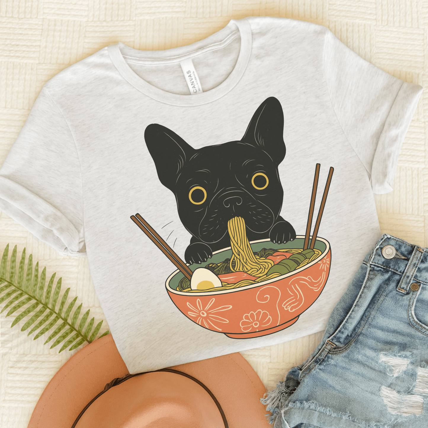 Printify T-Shirt Ash / S Black French Bulldog Ramen TShirt