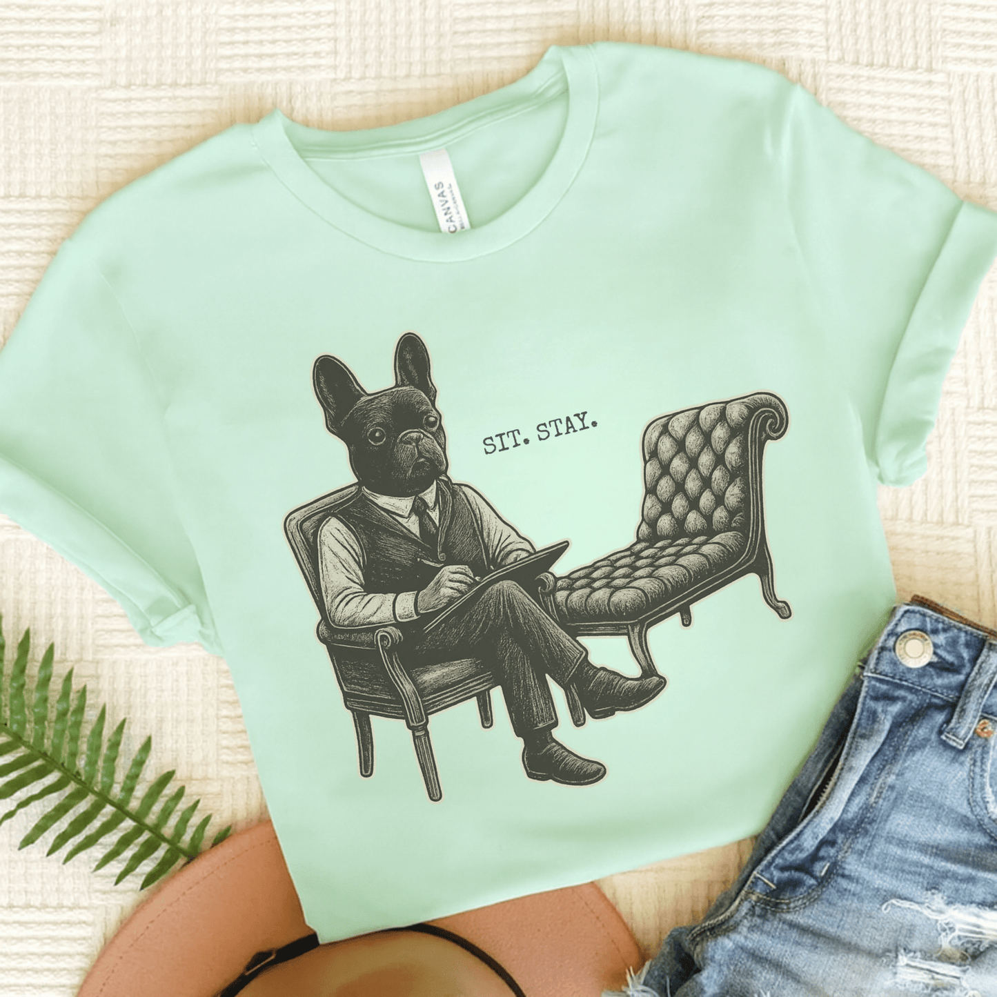 Printify T-Shirt Heather Mint / S Black French Bulldog Sit Stay TShirt