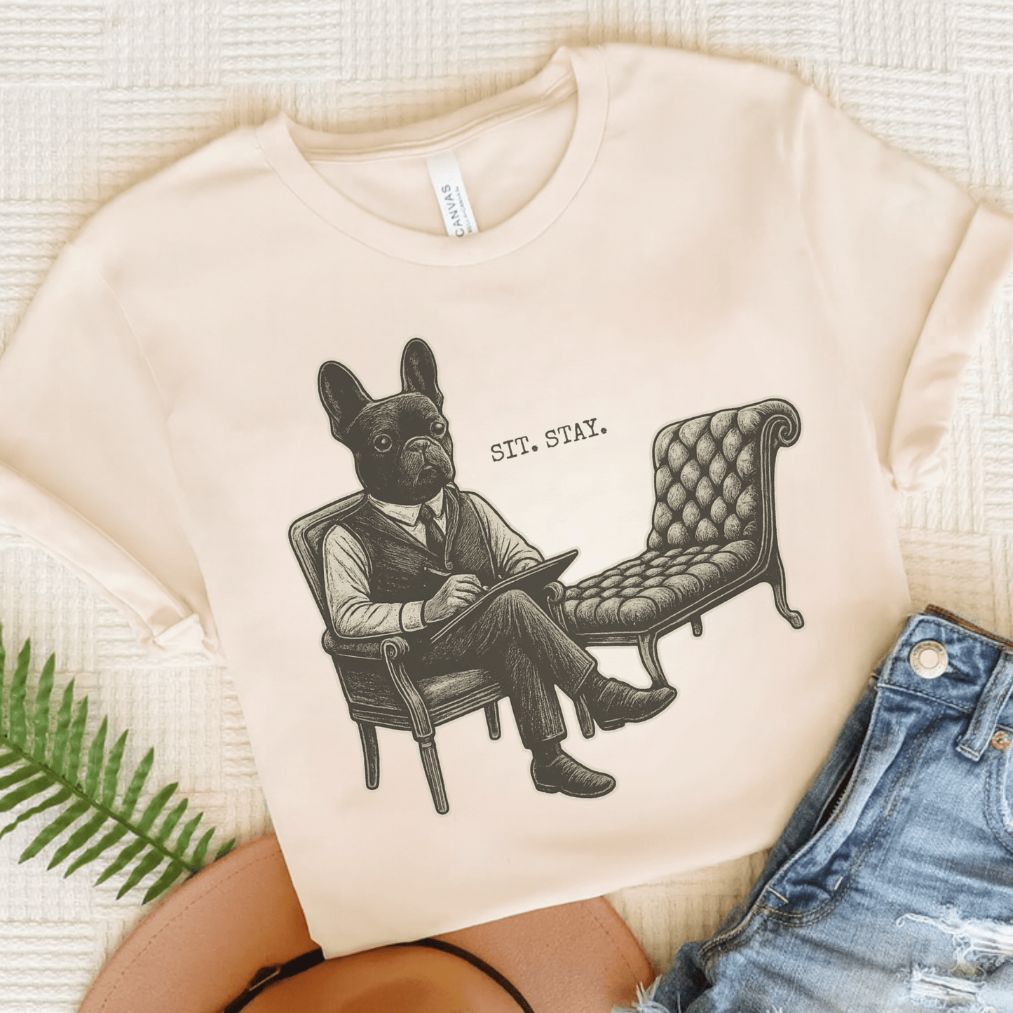 Printify T-Shirt Natural / S Black French Bulldog Sit Stay TShirt