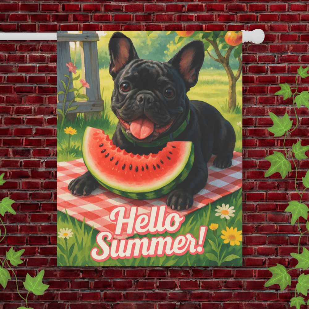 Printify Garden Flag 24.5'' × 32'' Black French Bulldog Watermelon Garden Flag