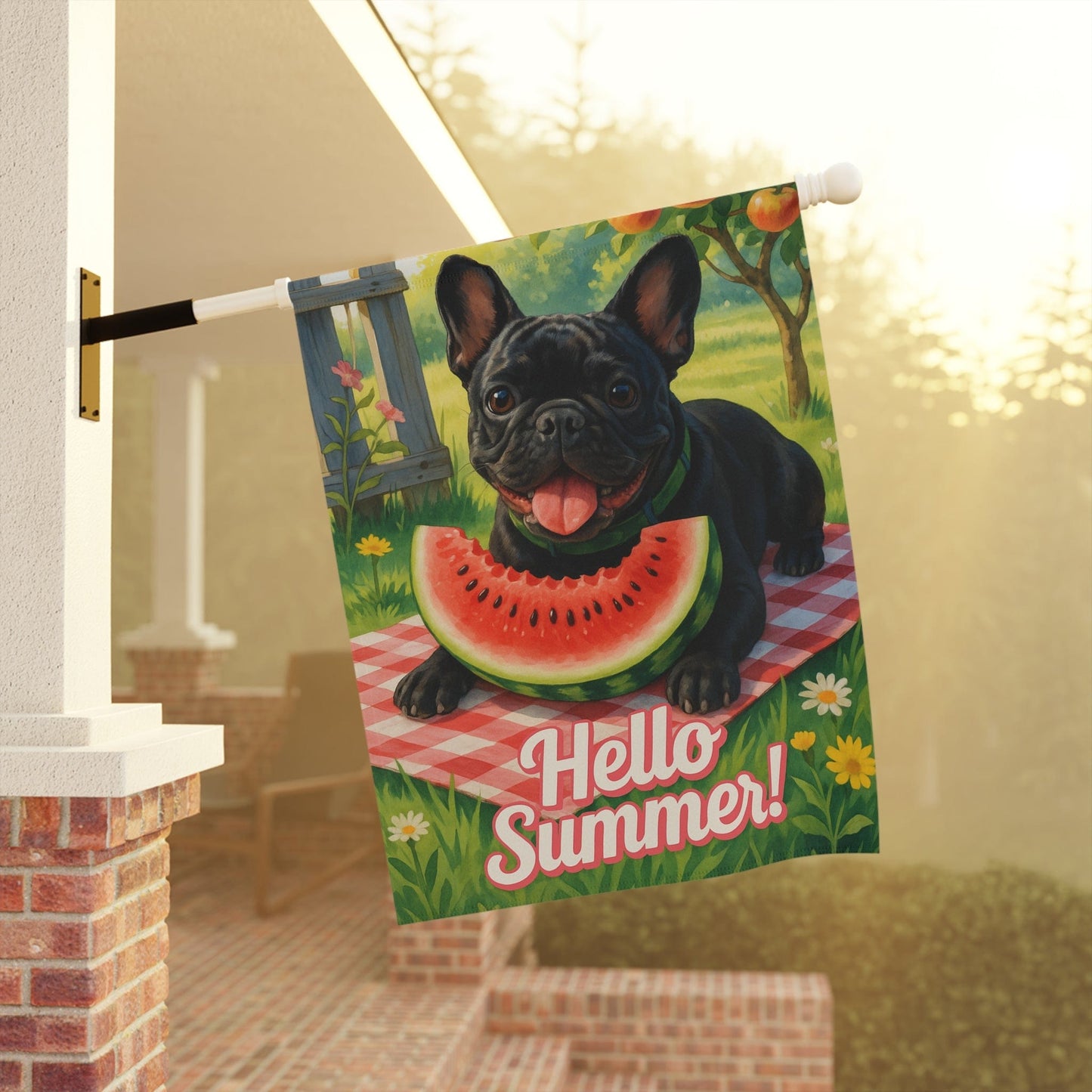 Printify Garden Flag Black French Bulldog Watermelon Garden Flag