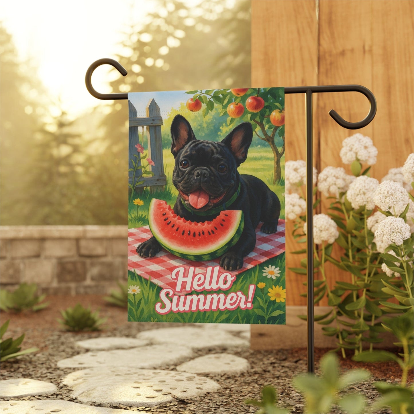 Printify Garden Flag Black French Bulldog Watermelon Garden Flag