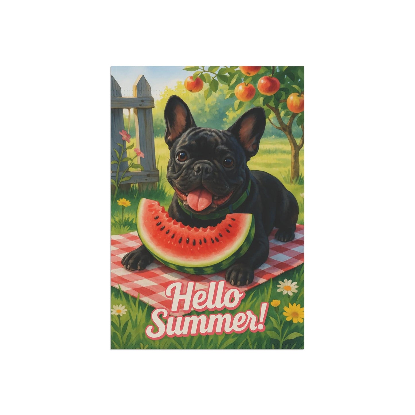 Printify Garden Flag Black French Bulldog Watermelon Garden Flag