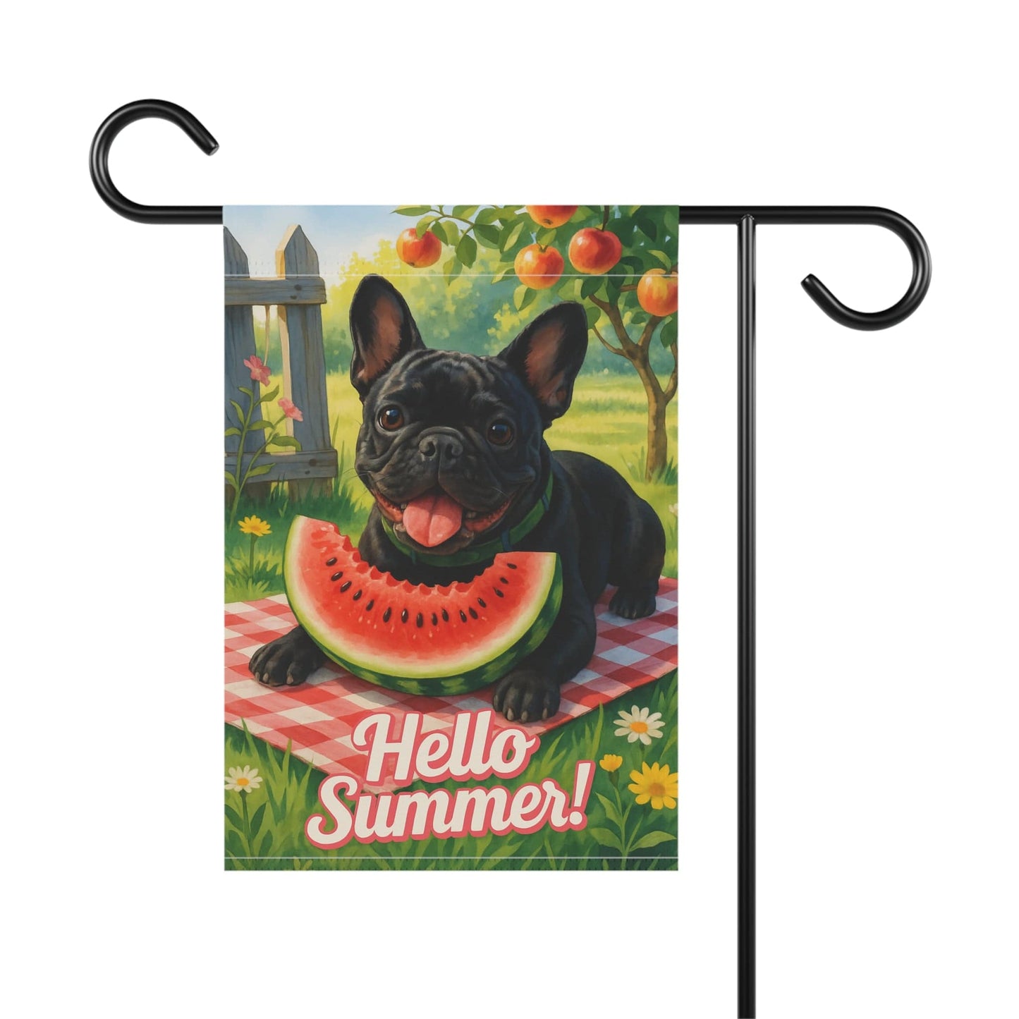 Printify Garden Flag Black French Bulldog Watermelon Garden Flag