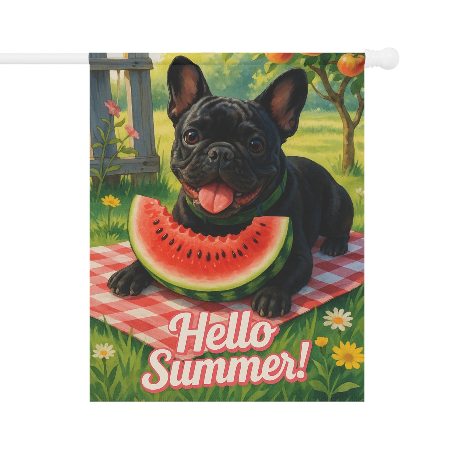 Printify Garden Flag Black French Bulldog Watermelon Garden Flag