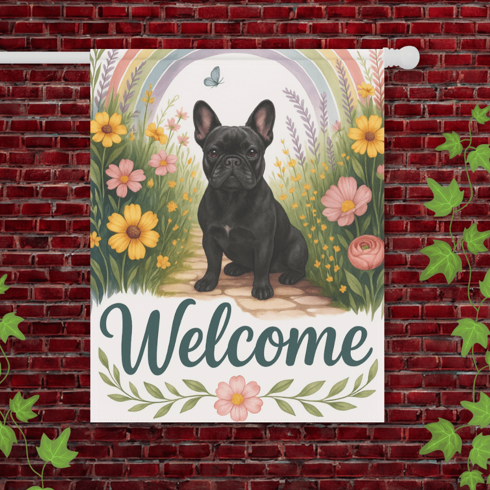 Printify Garden Flag 24.5'' × 32'' Black French Bulldog Welcome Garden Flag
