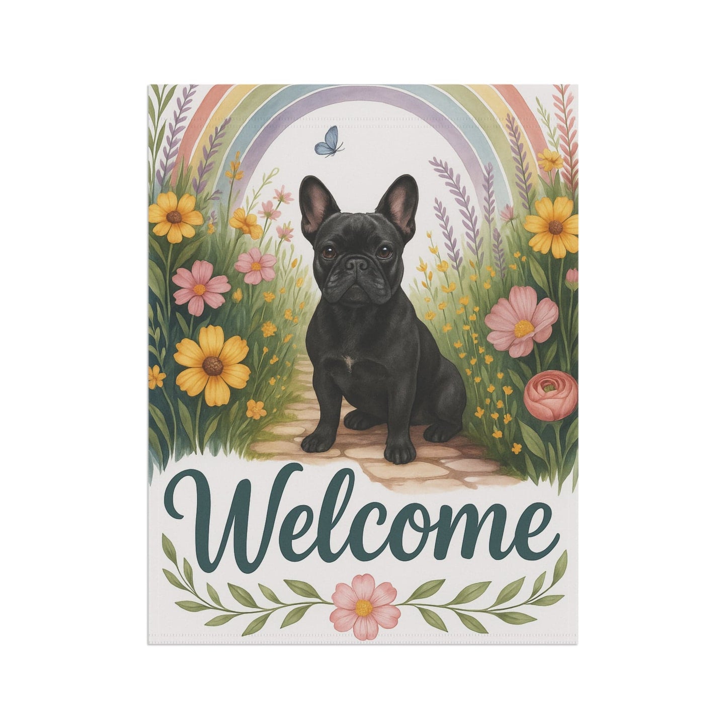 Printify Garden Flag Black French Bulldog Welcome Garden Flag