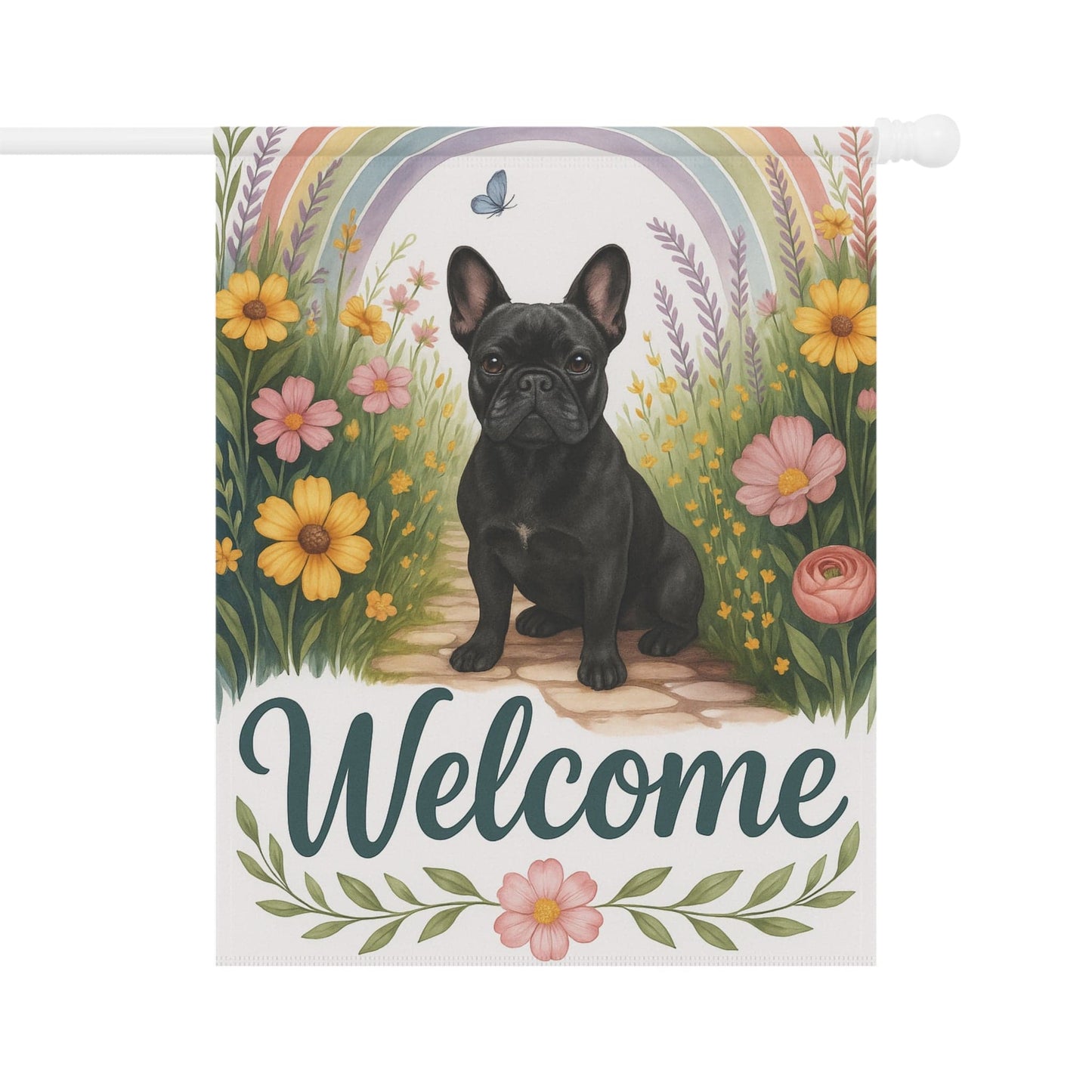 Printify Garden Flag Black French Bulldog Welcome Garden Flag