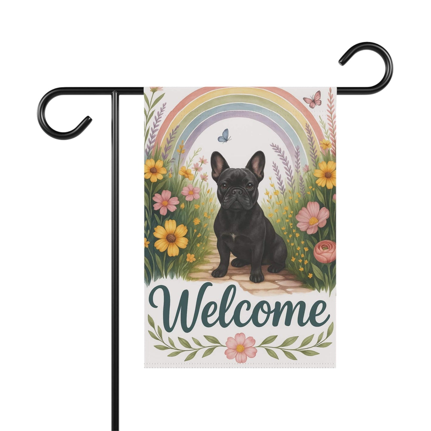 Printify Garden Flag Black French Bulldog Welcome Garden Flag