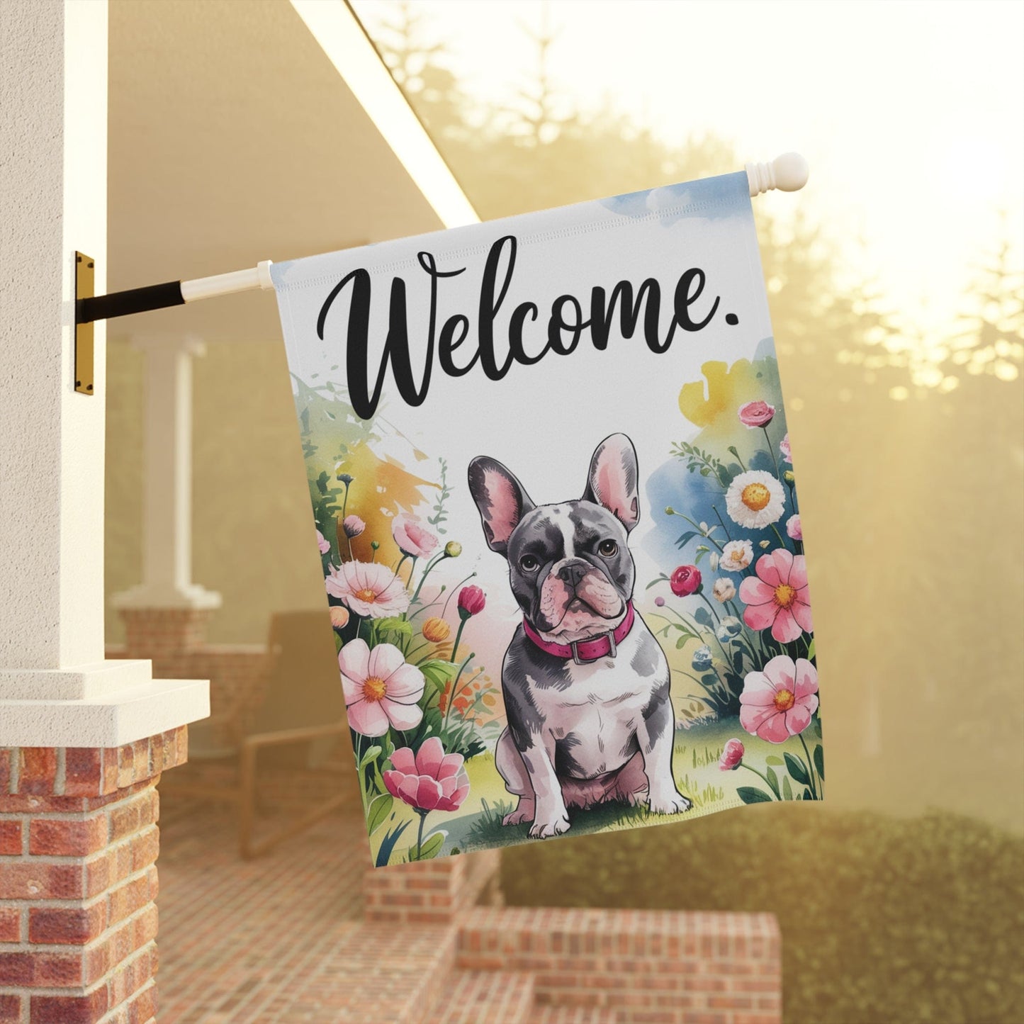 Printify Home Decor Black French Bulldog Welcome Yard Flag, Home Decorative Garden, Dog Lover Spring Outdoor, Frenchie