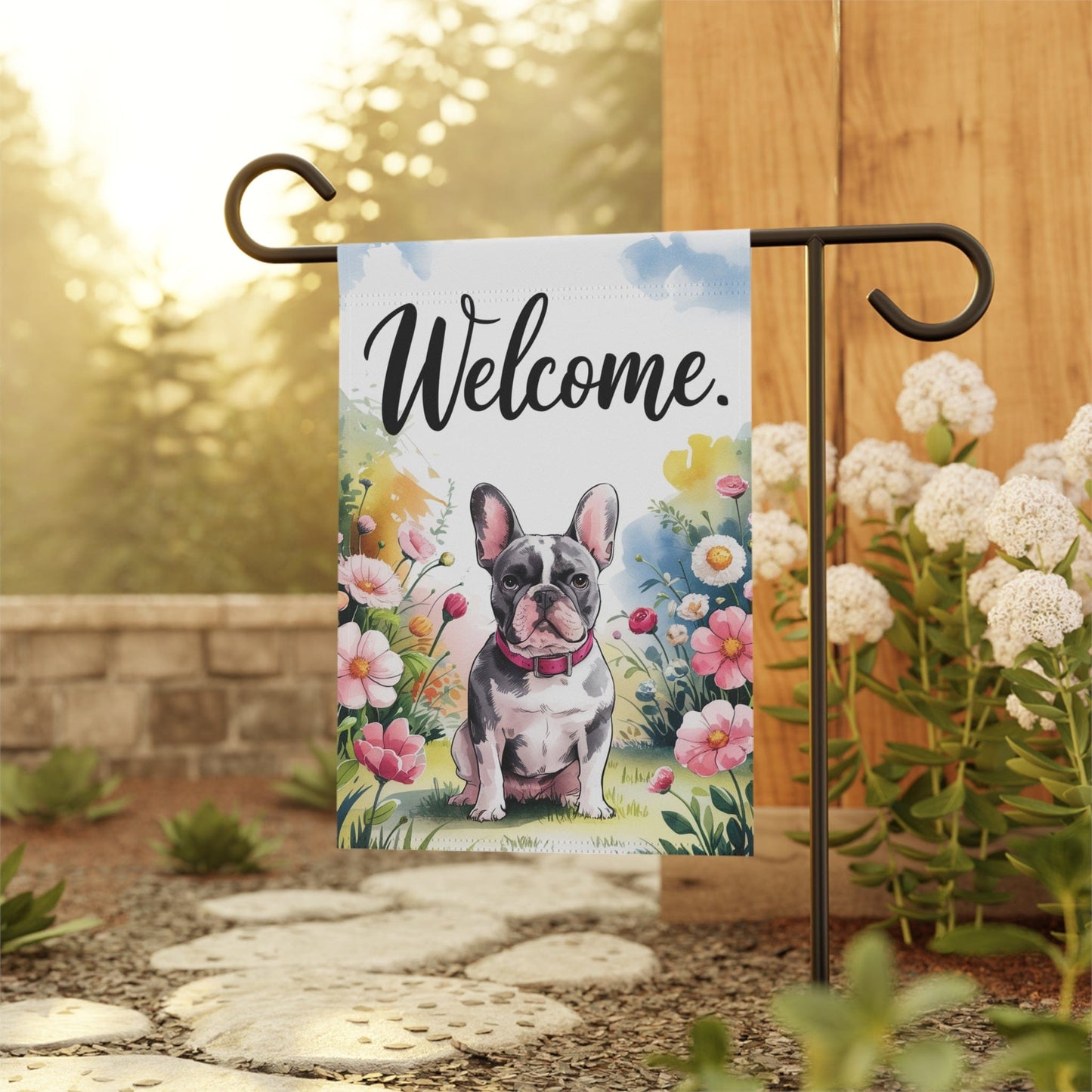 Printify Home Decor Black French Bulldog Welcome Yard Flag, Home Decorative Garden, Dog Lover Spring Outdoor, Frenchie