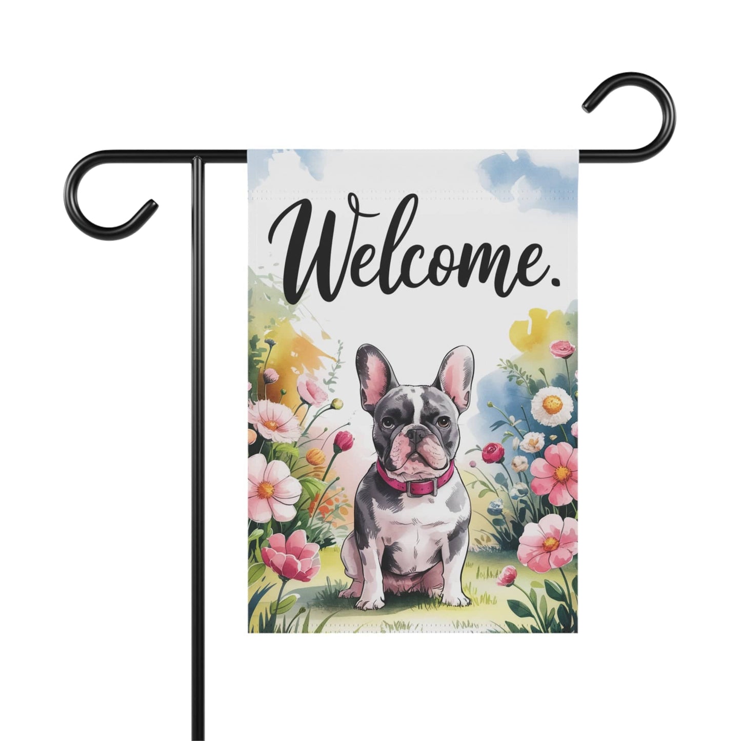 Printify Home Decor 12'' × 18'' Black French Bulldog Welcome Yard Flag, Home Decorative Garden, Dog Lover Spring Outdoor, Frenchie