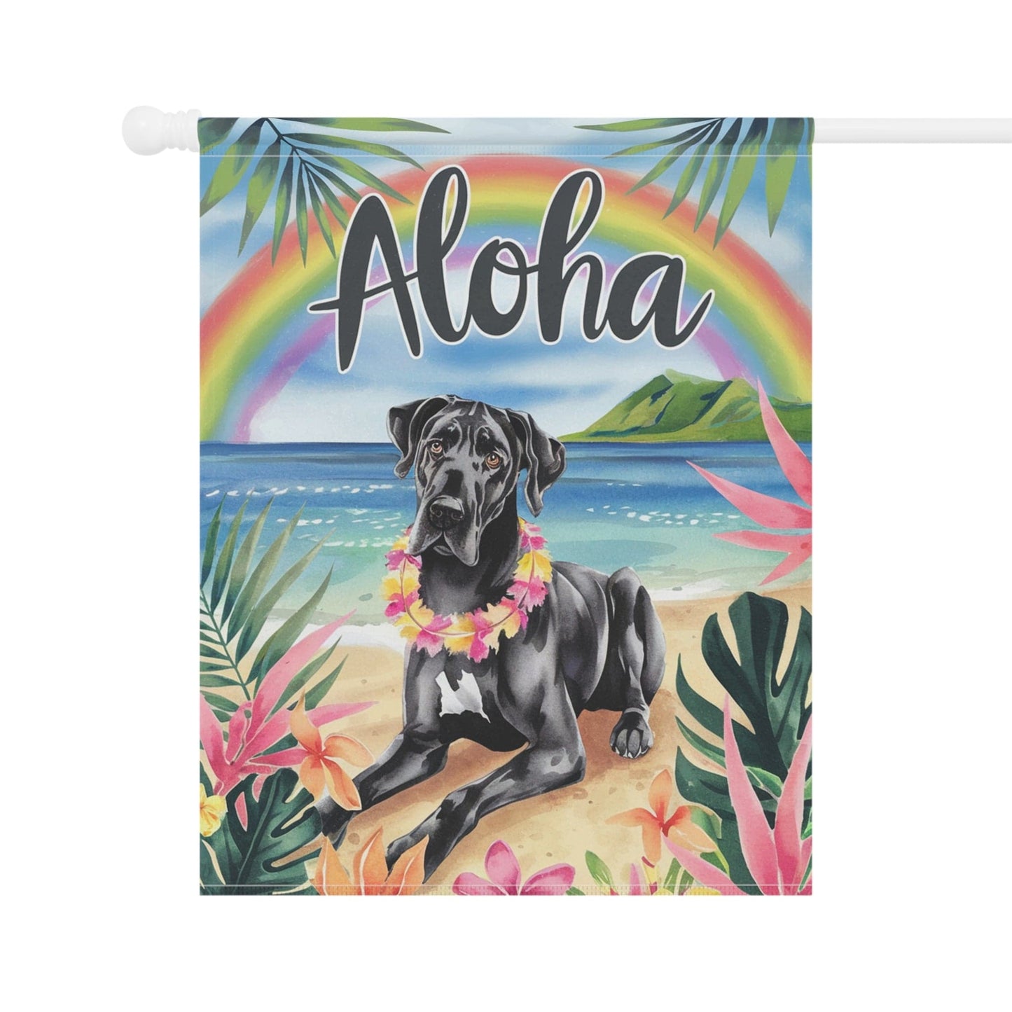 Printify Garden Flag Black Great Dane Aloha Luau Garden Decor