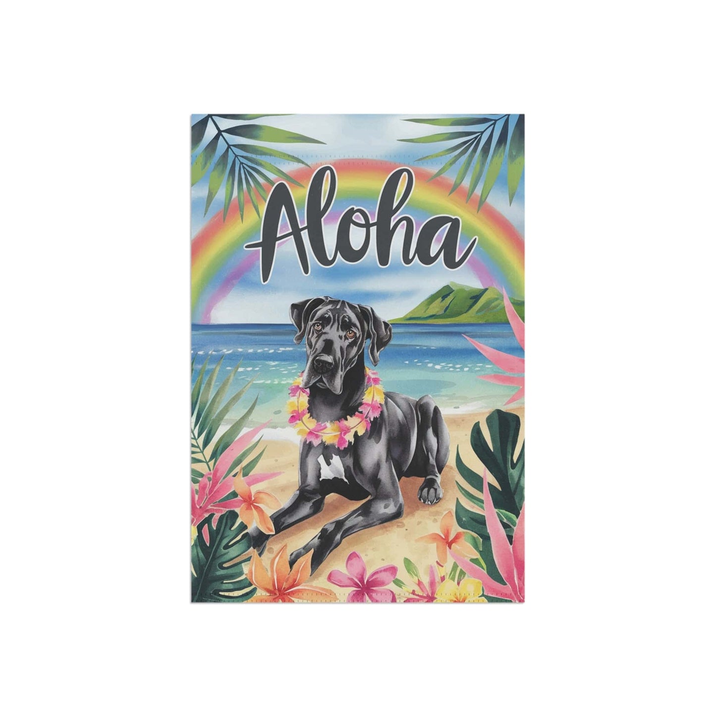 Printify Garden Flag Black Great Dane Aloha Luau Garden Decor